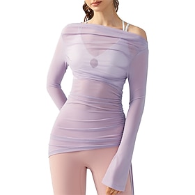 Women's Sports shirts Flat Neckline Stretchy, Breathable Mesh Long Sleeve Sports Solid Color Top For Pilates, Yoga Activewear Black / Purple / Beige