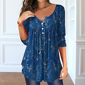 Women's T Shirt Dressy Tops Floral Tunic Basic Long Sleeve Round Neck Regular Tops Holiday Weekend Buttons Print Flowing tunic Yellow Pink Blue Purple Green Fa