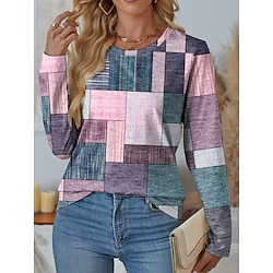 Women's T Shirt Fashion Floral Geometric Plaid Print Long Sleeve Regular Tops Round Neck Daily Weekend Pink Green Spring Fall