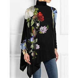 Women's T Shirt Floral Fashion Long Sleeve High Neck Long Tops Holiday Weekend Print Asymmetrical Black Yellow Red Blue Purple Spring Fall