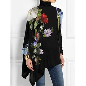 Women's T Shirt Floral Fashion Long Sleeve High Neck Long Tops Holiday Weekend Print Asymmetrical Black Yellow Red Blue Purple Spring Fall