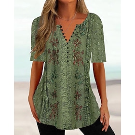 Women's T Shirt Henley Shirt Floral Tunic Basic Short Sleeve Round Neck Regular Tops Holiday Weekend Buttons Print Grass Green Light Green Red Blue Brown