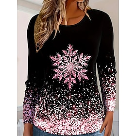Women's T Shirt Long Sleeve Top Glitter Snowflake Crew Neck Sparkle Gradient Festive Winter Holiday Fashion Black Pink Shimmer Casual Comfort Stretch Fit Cloth