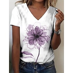 Women's T Shirt Summer Tops Floral Graphic Classic Casual Short Sleeve V Neck Crop Tops Daily Weekend Print Yellow Red Purple Green Light Blue Summer Spring Fall