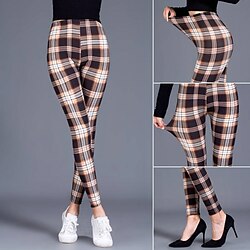 Women's Tights Leggings Streetwear Casual Full Length High Waist Plaid Elastic Waist Breathability Stretchy Vacation Street Daily Wear Magenta Dark red Wine Black Fall Regular Fit
