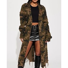Women's Trench Coat Comfortable Buttons Pocket Modern Street Style Camo Outdoor Going out Single Breasted Long Turndown Regular Fit Long Sleeve Outerwear Light
