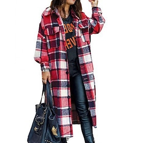 Women's Trench Coat Comfortable Buttons Pocket Modern Street Style Plaid Going out Casual Daily Single Breasted Long Turndown Regular Fit Long Sleeve Outerwear