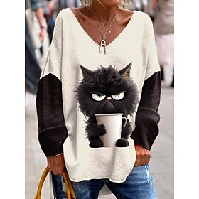 Women's Tunic Oversized Sweatshirt Pullover Active Sportswear Funny Cat Casual Sports V Neck Print Loose Fit Long Sleeve Black Red Navy Blue Blue Beige Fall W