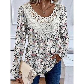 Women's Tunic Shirt Blouse Fashion Floral Lace Print Long Sleeve Regular Tops V Neck Casual Holiday Black White Yellow Pink Red Spring Fall
