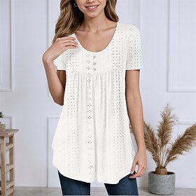 Women's Tunic Summer Tops Blouse Plain Stylish Casual Short Sleeve Crew Neck Long Tops Daily Buttons Eyelet Asymmetrical White Pink Purple Green Light Blue Sum