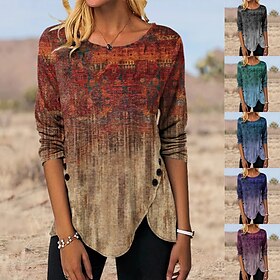 Women's Tunic T Shirt Graphic Vintage Tunic Ethnic Long Sleeve Round Neck Regular Tops Holiday Weekend Print Maroon Red Blue Purple Green Fall Winter
