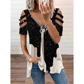 Women's Tunic Top Cold Shoulder Short Sleeve Galaxy Zip Front Asymmetrical Hem Casual Spring Fall Black White Loose Fit Clothing Apparel