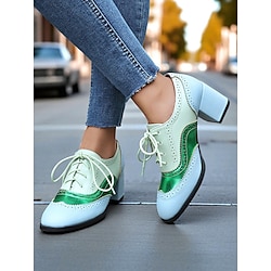 Women's Two-Tone Oxford Block Heel Shoes - Retro Lace-Up Brogues in Mint Green and Metallic for 1950s-Inspired Street Style, Daily Outfits, and Casual Events