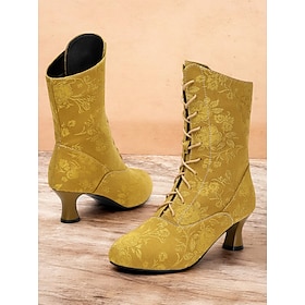 Women's Vintage Floral Lace-Up Ankle Boots with Mid Heel - Elegant Jacquard Boots for Retro Style and Special Occasions