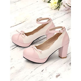 Women's Vintage Two-Tone Chunky Heels with Ankle Strap and Bow Detail - Retro Style Shoes for Special Occasions