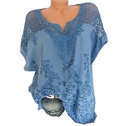 Women's White Bohemian Blouse Lace V-Neck Openwork Embroidery Casual Flowy Oversized Short Sleeve Summer Fashion Top One Size