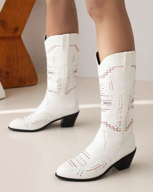 Women's White BootsPU Leather Pointed Toe Mid Calf Cowboy Boots Cowgirl Wedding Shoes