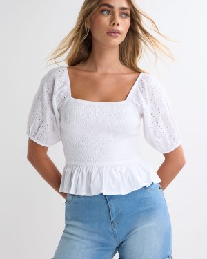 Womens White Broderie Shirred Peplum Top