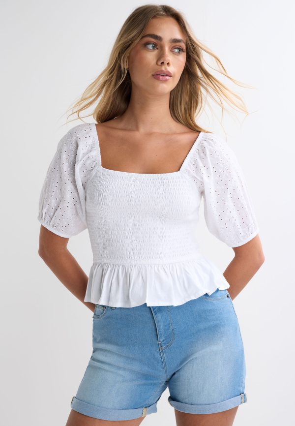 Womens White Broderie Shirred Peplum Top