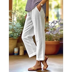 Women's Wide Leg Cotton Linen Pants Cropped Pants Fashion Streetwear Simple Ankle-Length High Waist Plain Pocket High Cut Straight Leg Comfort Breathability Soft Micro-elastic Vacation Street Daily