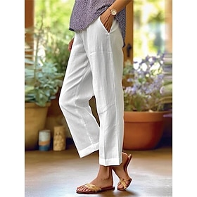 Women's Wide Leg Cotton Linen Pants Cropped Pants Fashion Streetwear Simple Ankle-Length High Waist Plain Pocket High Cut Straight Leg Comfort Breathability So