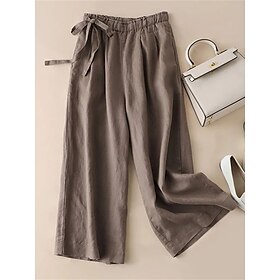 Women's Wide Leg Cropped Pants Vacation Vintage Casual Ankle-Length High Waist Solid Color Drawstring Elastic Waist Breathable Comfortable Micro-elastic Outdoo