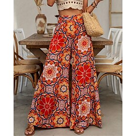 Women's Wide Leg Flared Pants Pants Trousers Vacation Boho Full Length High Waist Flower / Floral Elastic Waist Breathable Comfortable Micro-elastic Street Dai