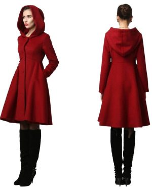 Women's Winter Single Breasted Wool Coat, Red Swing Hooded Coat, Warm Winter Outwear, Hooded Wool Coat, Christmas Coat