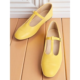 Women's Yellow T-Strap Ballet Flats, Vintage Round Toe Mary Janes for Casual Dates and Everyday Wear