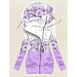 Women's Zip Up Sweatshirt Active Sportswear Floral Casual Sports Hoodie Zip Up Drawstring Print Long Sleeve Pink Blue Purple Fall Winter