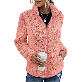 Women's Zip Up Sweatshirt Fleece Jacket Vintage Teddy Sherpa Fleece Fleece Solid Color Valentine's Day Street Casual V Neck Zip Up Pocket Long Sleeve Pink Blue