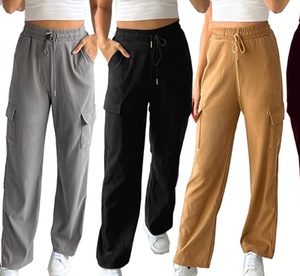 Women'sWide Leg Cargo Pocket Combat Trousers, Beige,S-M