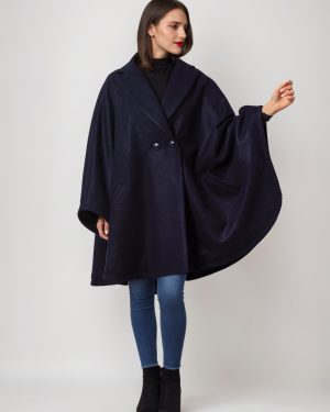 Wool Blend Cape Coat Dark Navy Lapel Oversized Poncho Winter Outerwear For Women 2025