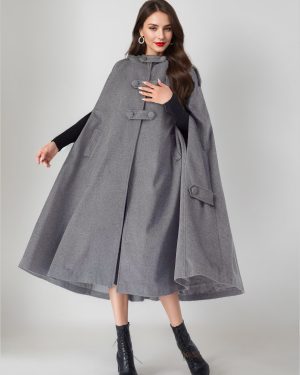 Wool Blend Cape Coat For Women Hooded Gray Oversized Long Poncho Outerwear 2025
