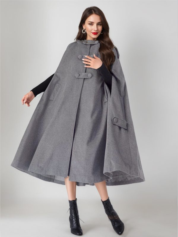 Wool Blend Cape Coat For Women Hooded Gray Oversized Long Poncho Outerwear 2025