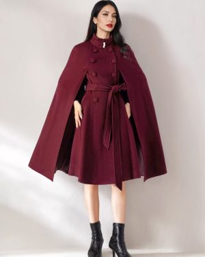 Wool Blend Cape Coat For Women Stand Collar Dark Navy Belted Oversized Poncho Outerwear 2025