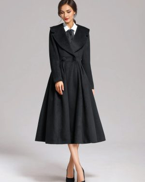 Wool Blend Flared Coat Black Wide Lapel A-line Winter Midi Outerwear For Women 2025