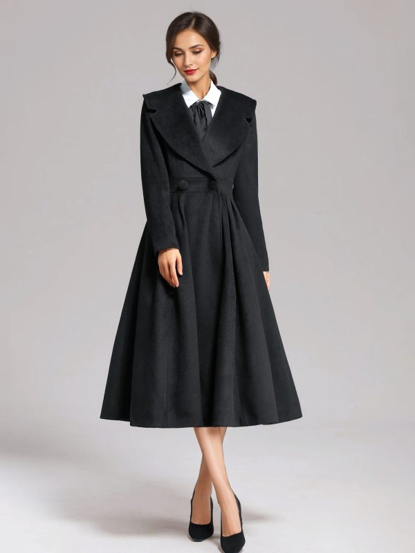 Wool Blend Flared Coat Black Wide Lapel A-line Winter Midi Outerwear For Women 2025