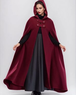 Wool Blend Maxi Cape Coat With Hooded Burgundy Full Length Poncho Oversized Outerwear For Women 2025