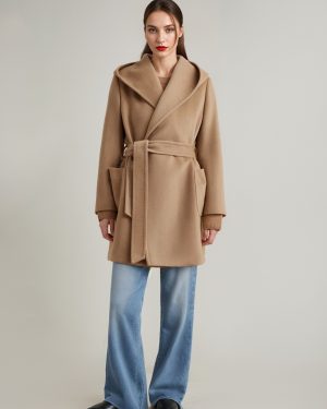 Wool Cashmere Blend Coat With Hood Camel Belted Double-Faced Short Wrap Coat For Women 2025