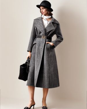 Woolen British Style Overcoat For Woman Belted Large lapel Herringbone Pattern Wrap Coat 2025