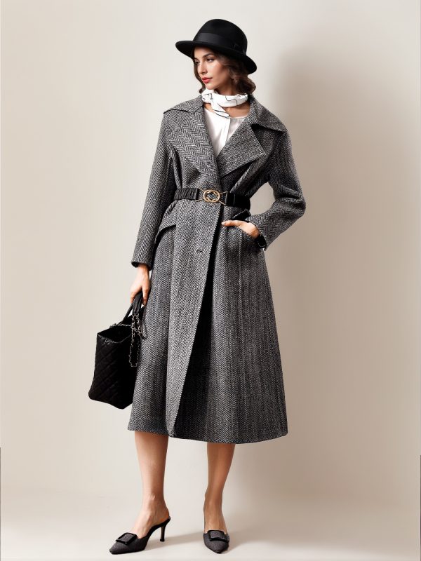 Woolen British Style Overcoat For Woman Belted Large lapel Herringbone Pattern Wrap Coat 2025