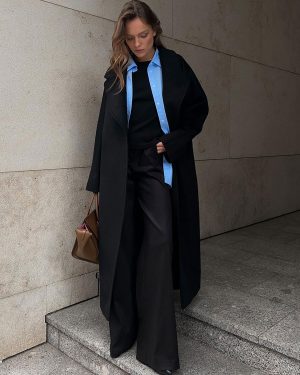 Wrap Trench Coat Lanched Lapel Slant Pockets Winter Wool Blend Full Length Coat