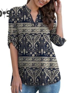 (XL H, as the picture) Women Shirt V-neck 3/4 Roll-Up Sleeves Lightweight Tops Flower Print Flowy Hem Tunic Tops Daily Wear