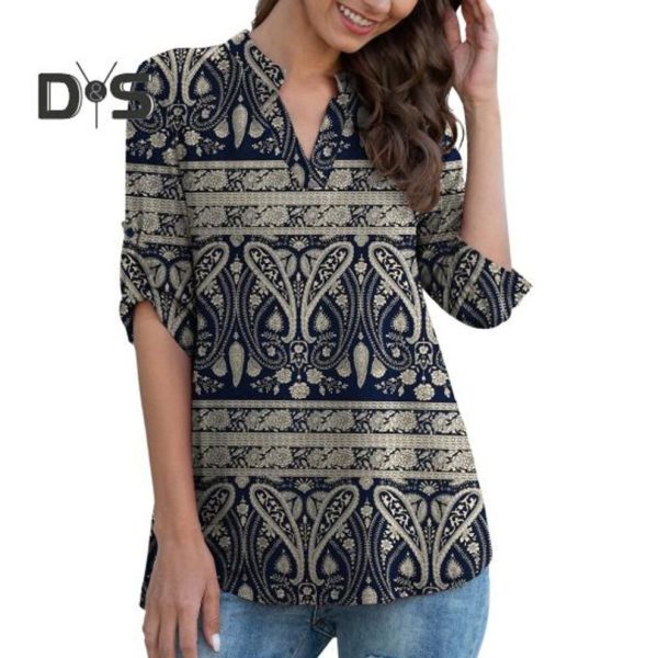 (XL H, as the picture) Women Shirt V-neck 3/4 Roll-Up Sleeves Lightweight Tops Flower Print Flowy Hem Tunic Tops Daily Wear