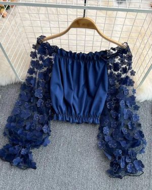 (XL, blue) One-shoulder Chiffon Shirt See-through Mesh Stitching Loose Waist Cropped Off-the-shoulder Top Women Tops