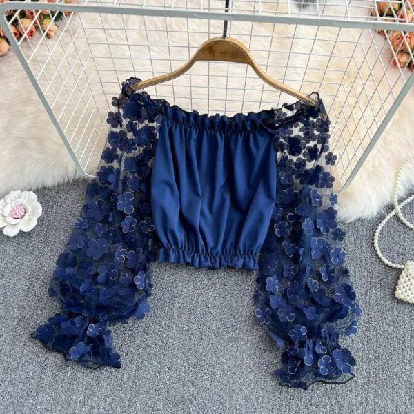 (XL, blue) One-shoulder Chiffon Shirt See-through Mesh Stitching Loose Waist Cropped Off-the-shoulder Top Women Tops