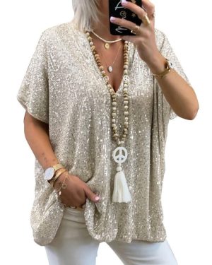 (XL, gold) (SU)Womens Short Sleeve V Neck Glitter Sequins Loose Blouse Tops