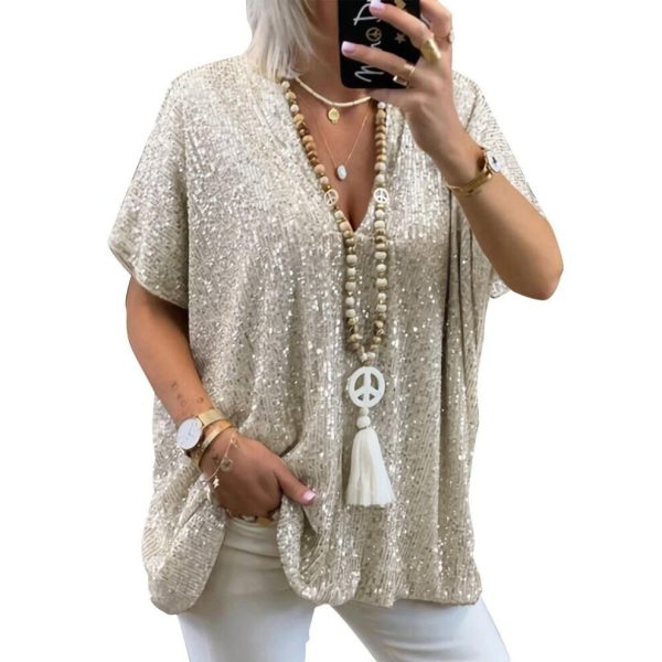 (XL, gold) (SU)Womens Short Sleeve V Neck Glitter Sequins Loose Blouse Tops