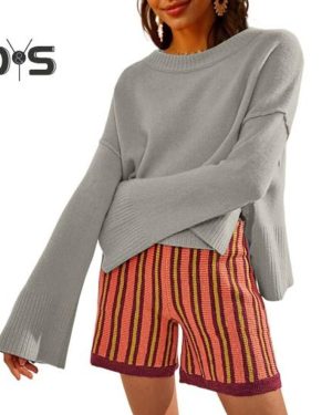 (XL, grey) Knitted Sweater Women Casual Solid Color O-neck Flared Long Sleeve Pullover Jumper High Low Side Slit Hem Lightweight Knit Tops